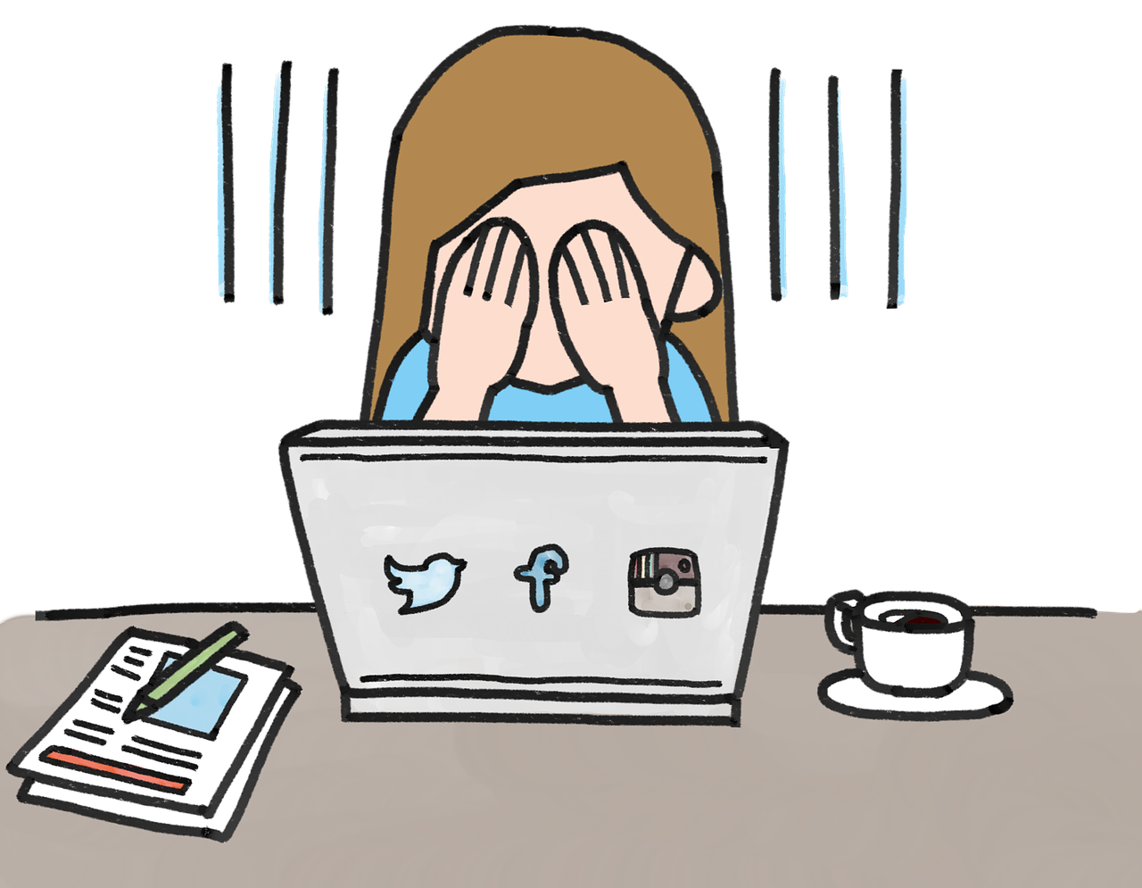 cartoon of a woman covering her eyes in sadness or frustration while sitting at a laptop
